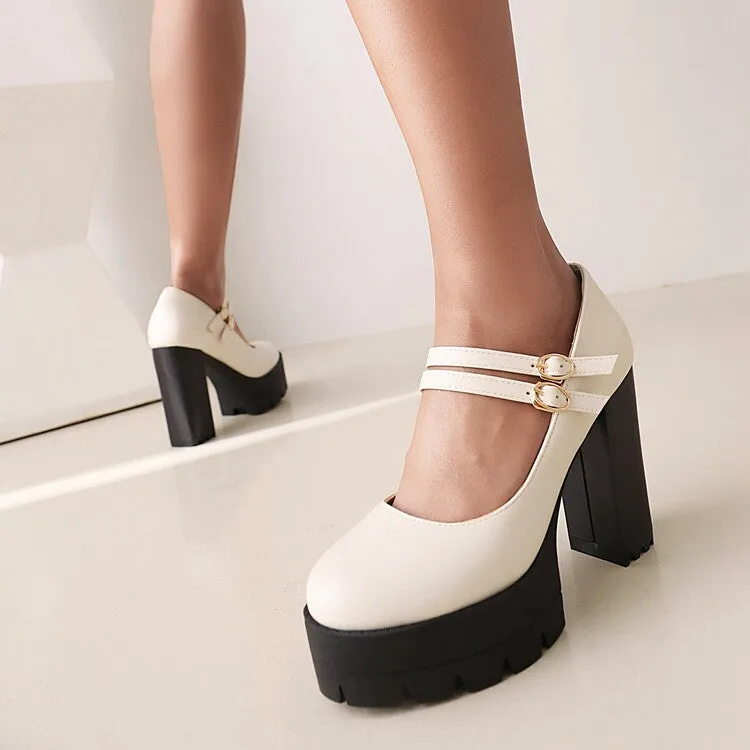 Women's Pumps Pu Leather Round Toe Double Buckles Belts Chunky Heel Platform Chunky Heels Shoes