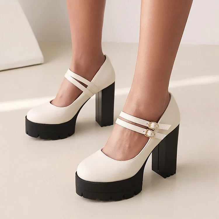 Women's Pumps Pu Leather Round Toe Double Buckles Belts Chunky Heel Platform Chunky Heels Shoes