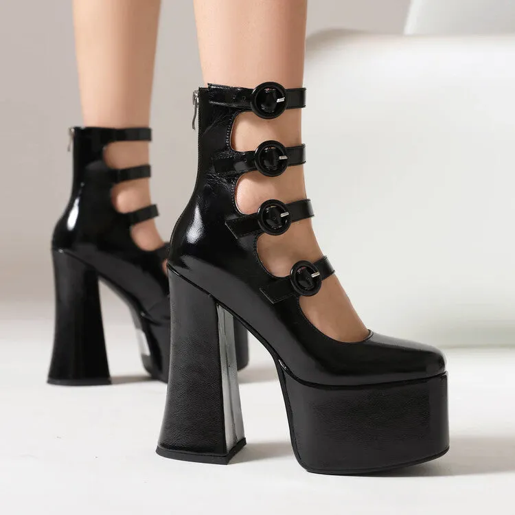 Women's Round Toe Buckle Straps Chunky Heel Mary Jane Platform Pumps