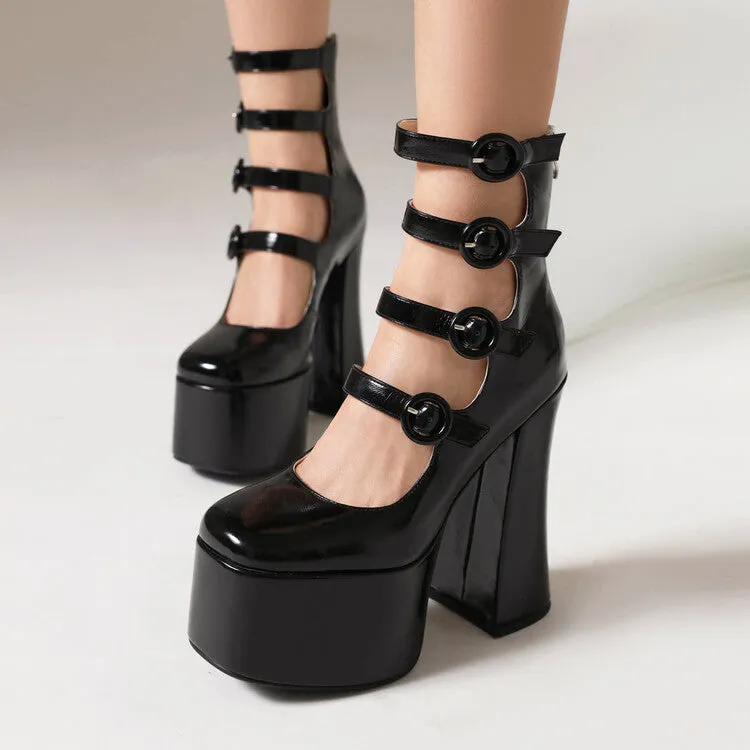 Women's Round Toe Buckle Straps Chunky Heel Mary Jane Platform Pumps