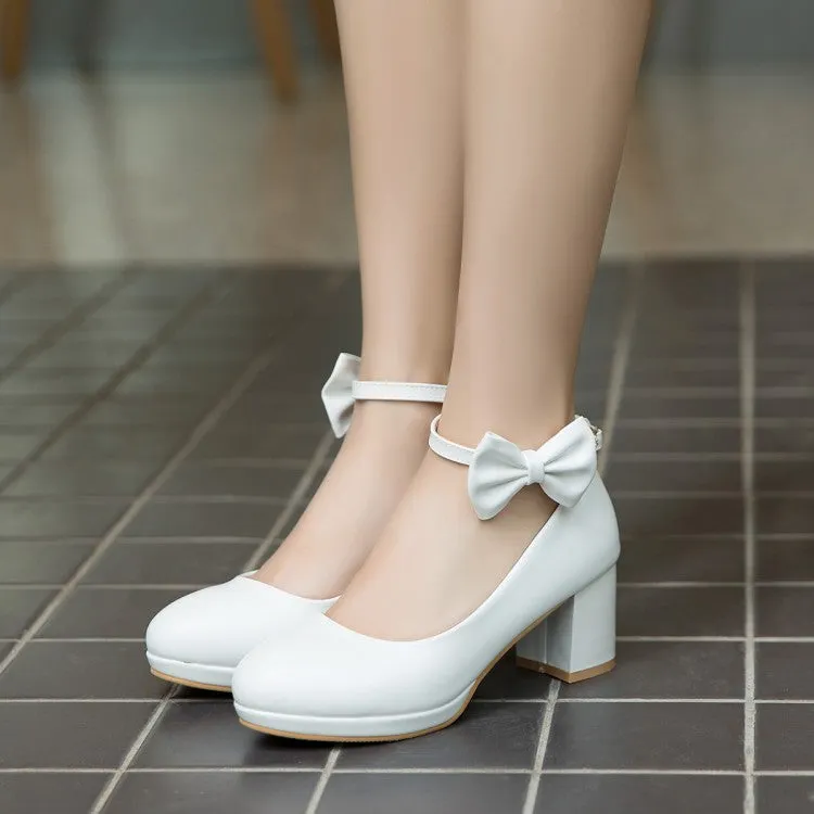 Women's Shallow Bow Tie Ankle Strap Block Chunky Heel Platform Pumps