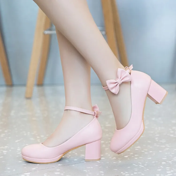 Women's Shallow Bow Tie Ankle Strap Block Chunky Heel Platform Pumps