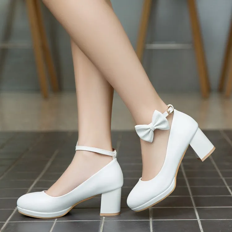 Women's Shallow Bow Tie Ankle Strap Block Chunky Heel Platform Pumps