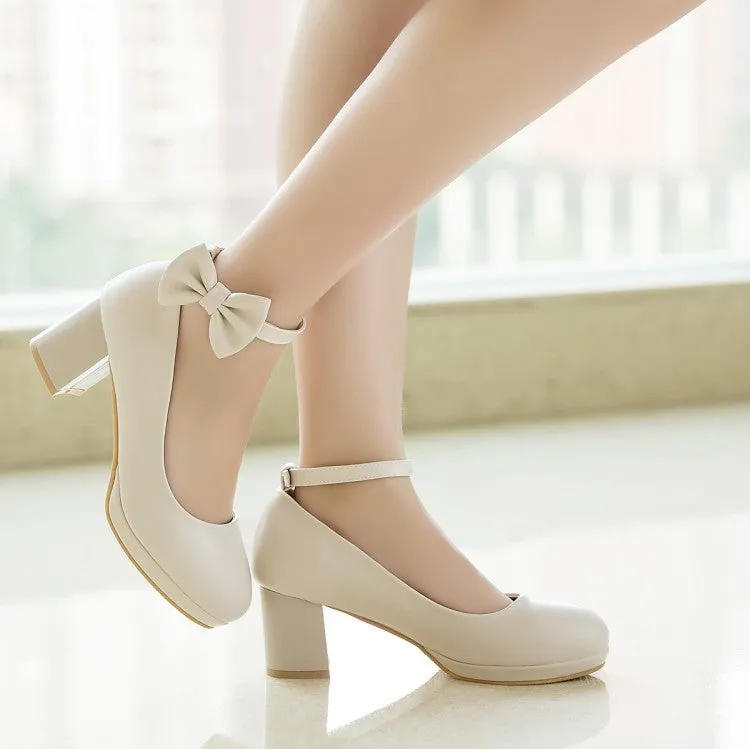 Women's Shallow Bow Tie Ankle Strap Block Chunky Heel Platform Pumps