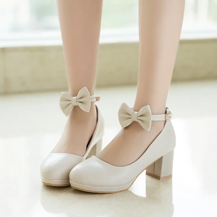 Women's Shallow Bow Tie Ankle Strap Block Chunky Heel Platform Pumps