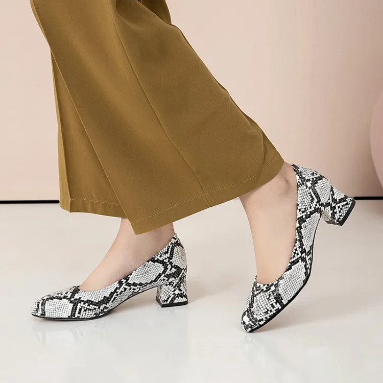 Women's Snake-printed Block Heels Pumps