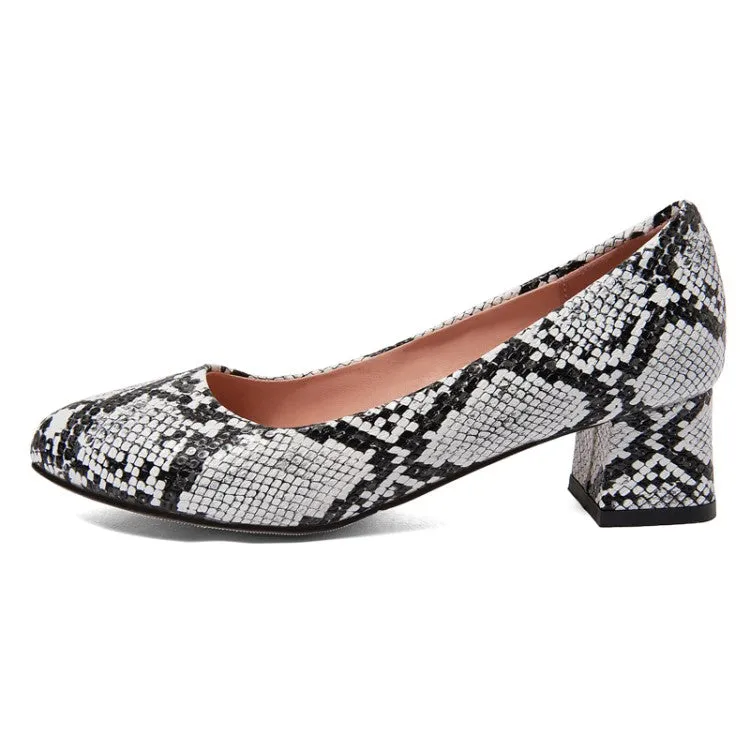 Women's Snake-printed Block Heels Pumps