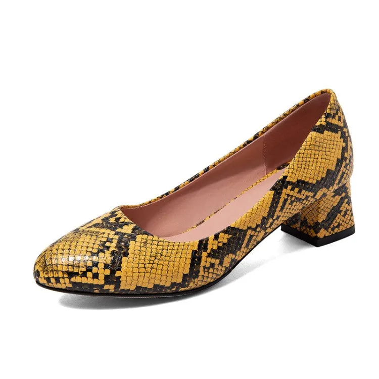 Women's Snake-printed Block Heels Pumps