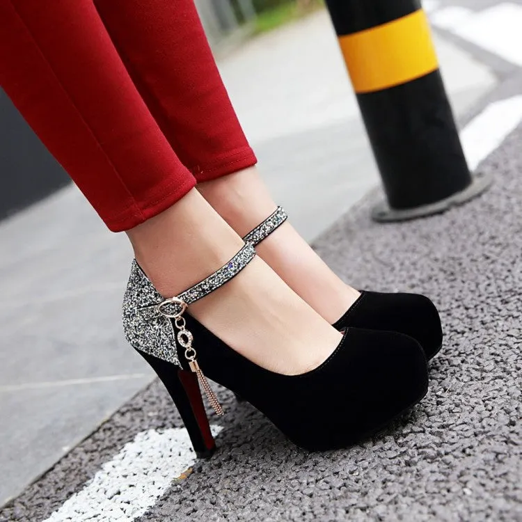 Women's Suede Almond Toe Sequins Ankle Strap Chunky Heels High Heel Platform Pumps