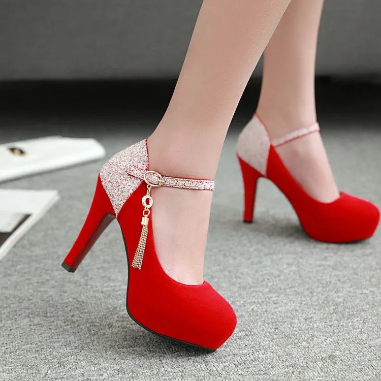 Women's Suede Almond Toe Sequins Ankle Strap Chunky Heels High Heel Platform Pumps