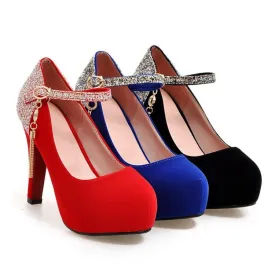 Women's Suede Almond Toe Sequins Ankle Strap Chunky Heels High Heel Platform Pumps