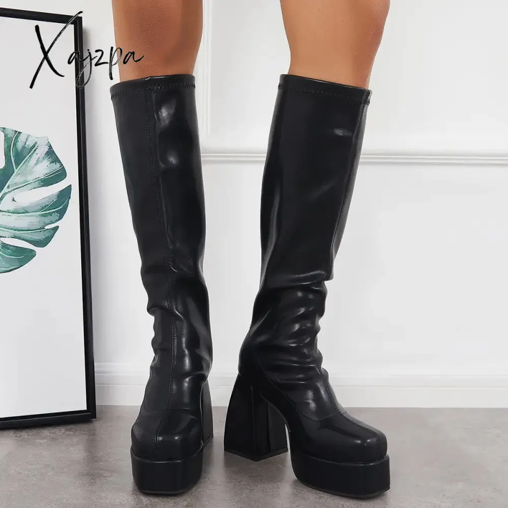 Xajzpa - Black Punk Platform Chunky High Heel Knee High Boots