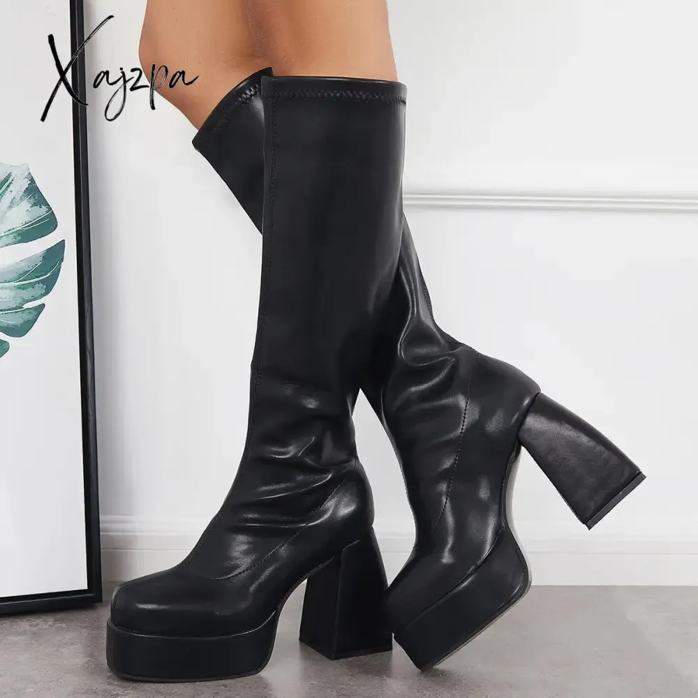 Xajzpa - Black Punk Platform Chunky High Heel Knee High Boots