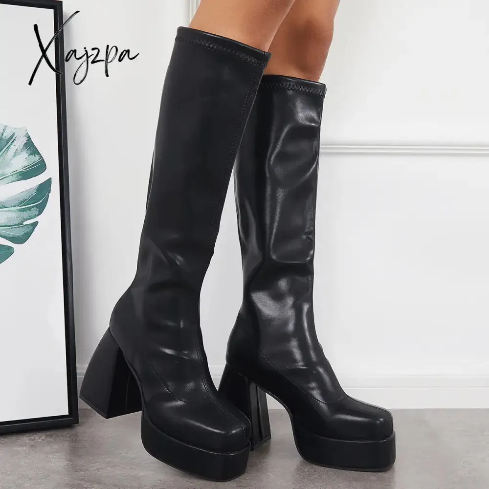 Xajzpa - Black Punk Platform Chunky High Heel Knee High Boots