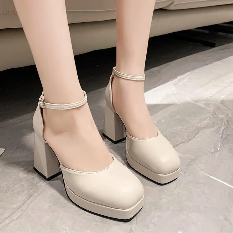 XIANGTUIBAO Mary Jane Chunky Heel High Heels Women  New Fairy Style Platform  Square Toe Ankle-Strap Buckle Shoes