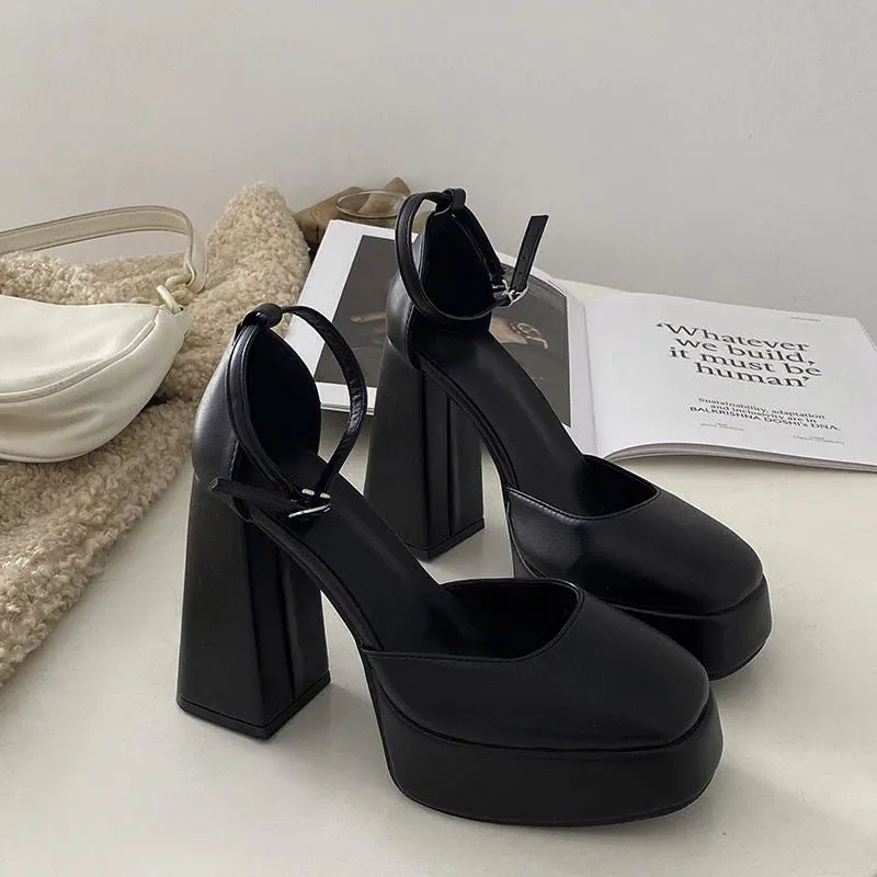 XIANGTUIBAO Mary Jane Chunky Heel High Heels Women  New Fairy Style Platform  Square Toe Ankle-Strap Buckle Shoes